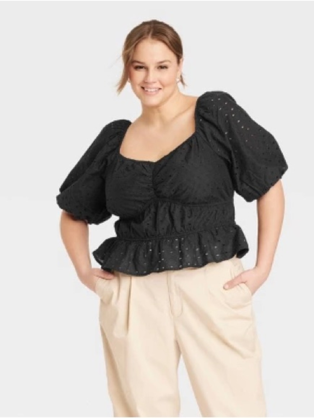 A New Day Black Eyelet Puff-Sleeve Peplum Blouse